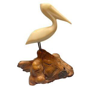 John Perry Ivory Pelican Sculpture On Burlwood Base Coastal Decor Nautical Accen